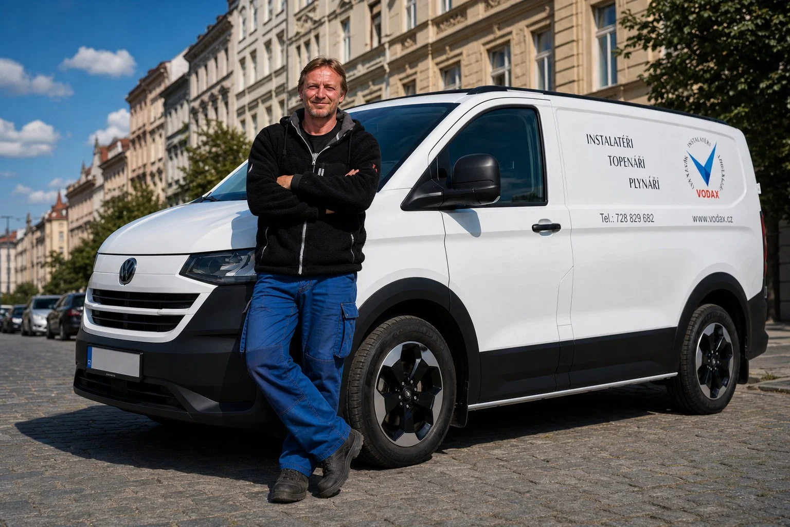 Miroslav Bucek u bílé servisní dodávky Vodax na pražské ulici